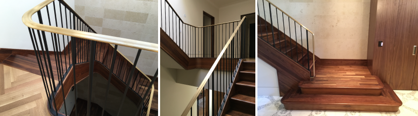 WALNUT CUSTOM STAIRS WITH BRONZE HANDRAIL HL STAIRS